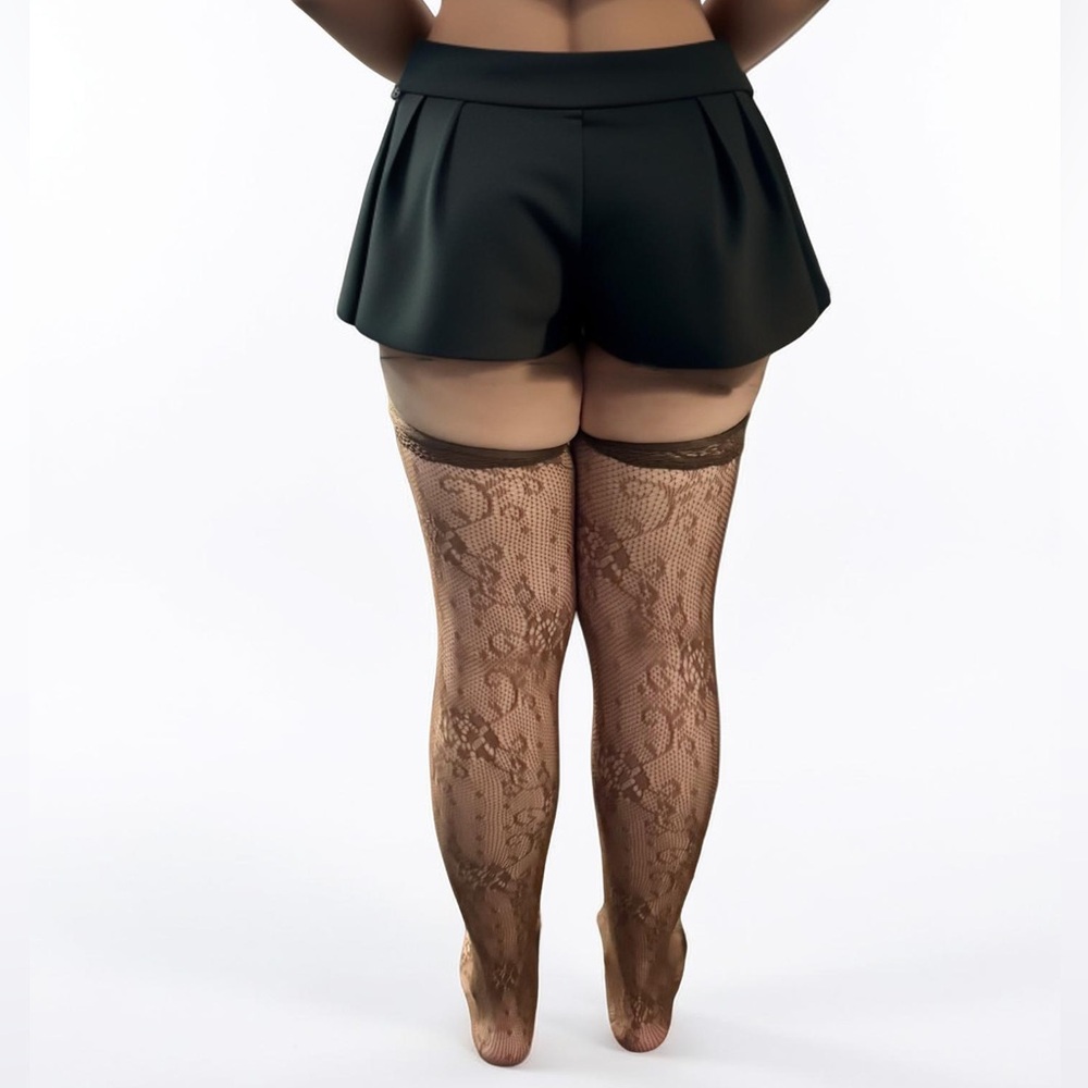 Brown Lace Patterned Thigh High Stockings - Picture 7 of 9